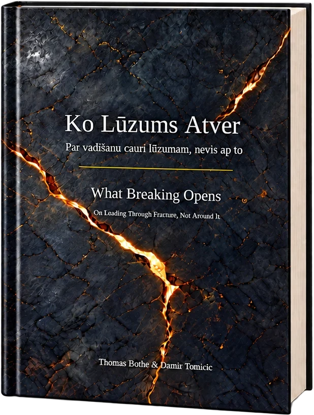 What Breaking Opens, Ko lūzums atver, by Thomas Bothe and Damir Tomicic. A dark hardcover crossed by a glowing gold crack.